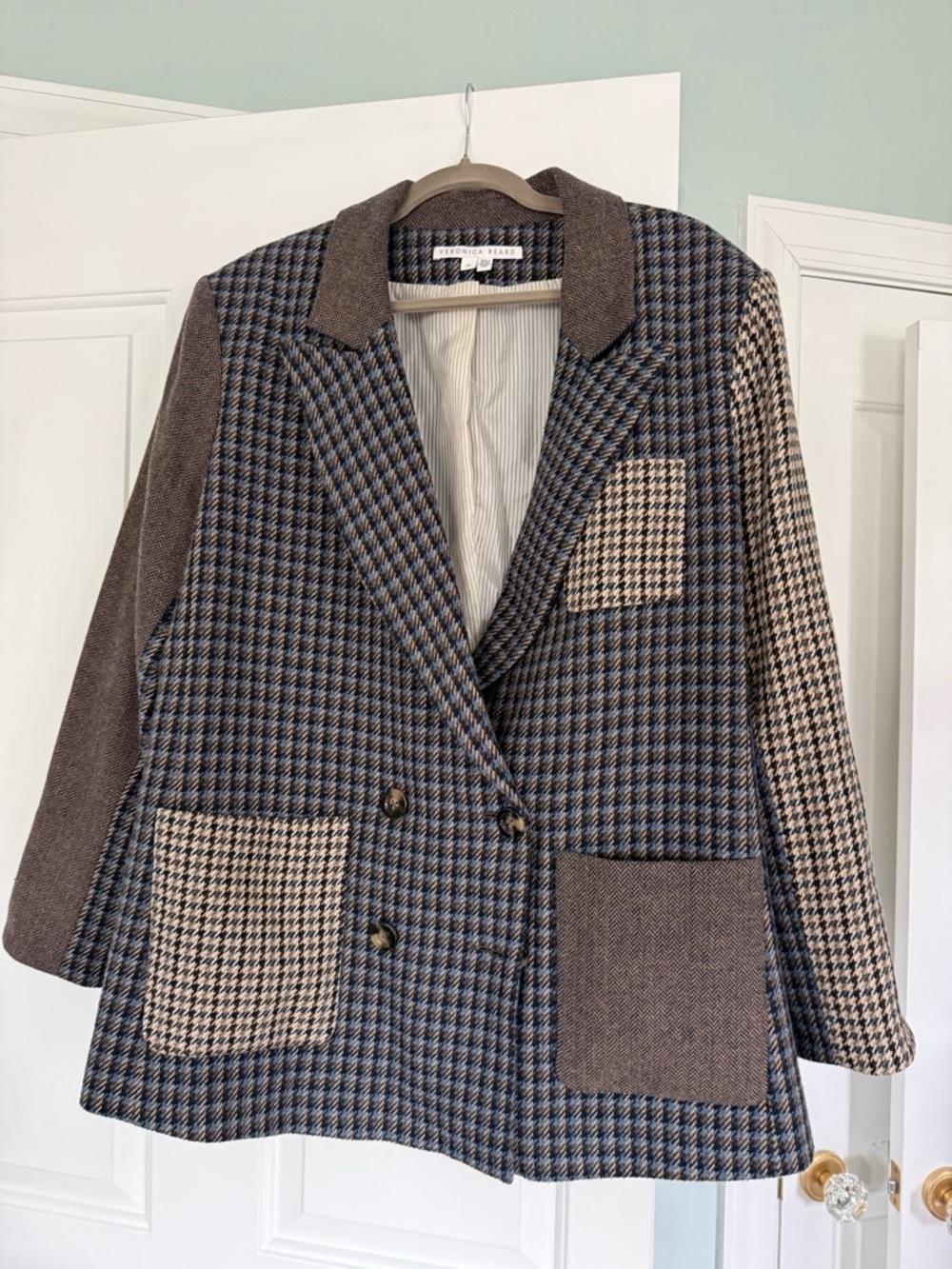 Veronica Beard Brown and Blue Patchwork Double-Breasted Blazer